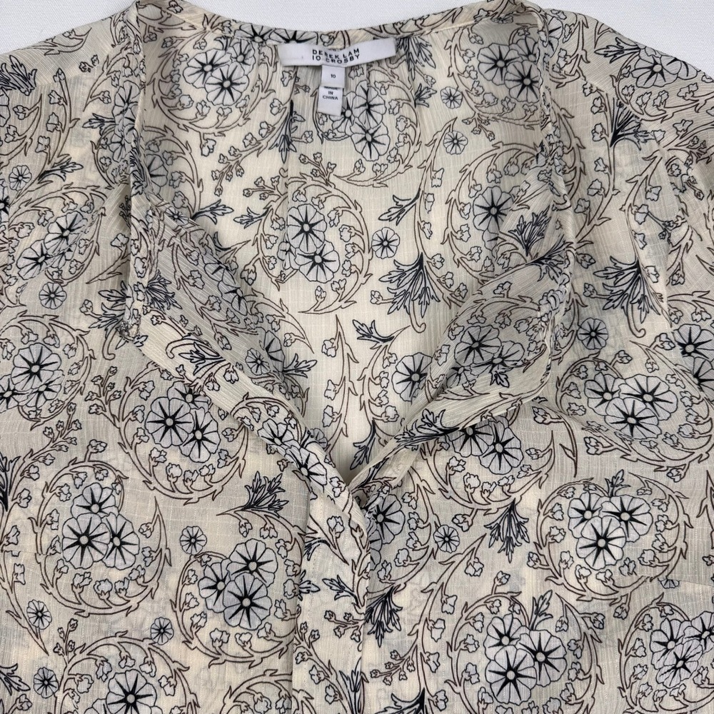 Derek Lam 10 Crosby Blouse Womens 10 Cream 100% Silk Floral Tie Cuff Long Sleeve - Picture 9 of 12